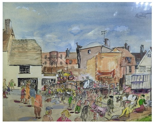 A painting of Sheep Market Hill in Blandford